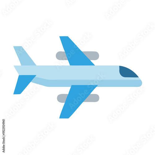 Flat illustration of commercial airplane in light blue color scheme isolated on black