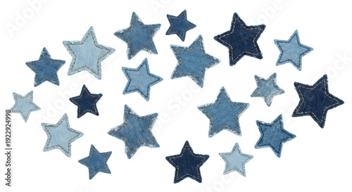 Denim Stars Collection: Array of Washed Blue Jean Star Shapes on White