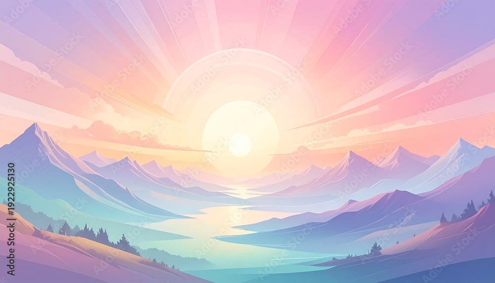 Fototapeta premium Vibrant mountain landscape at sunrise with golden clouds and serene valley view