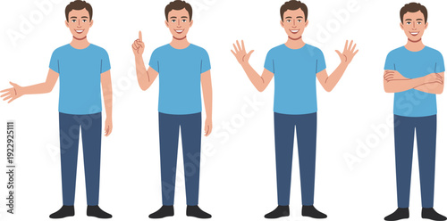 Cartoon young man character collection with different hand gestures, casual male in blue t shirt and pants flat vector illustration isolated background