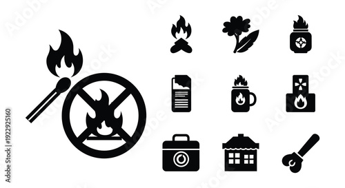 Collection of black silhouette icons depicting fire hazards and safety