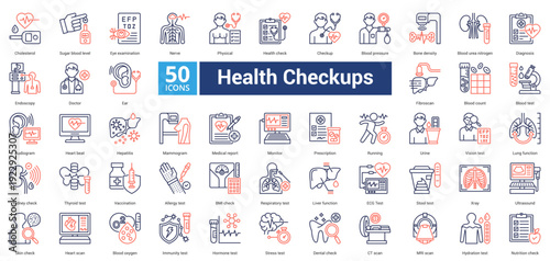 Health Checkups icon set in dual tone style contains 50 icons including bone density, blood urea nitrogen, diagnosis, endoscopy, doctor, ear, fibroscan and blood count icon