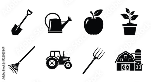 Gardening and farming icons tools produce and farm structures shown