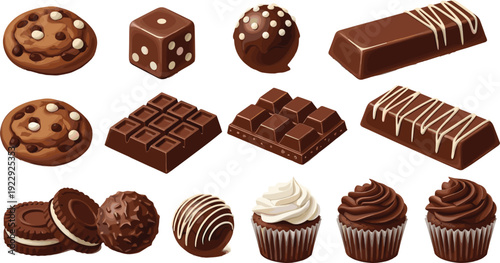 Chocolate dessert illustration set featuring cookies bars truffles and cupcakes isolated on white background for sweet confectionery design