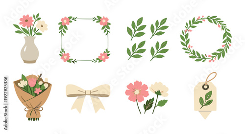 Floral decorations set showing vase wreath bouquet and gift tag