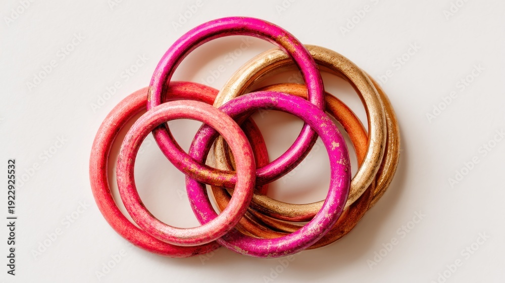 Fototapeta premium Three colorful wooden rings interlocked in a complex arrangement on a clean white background