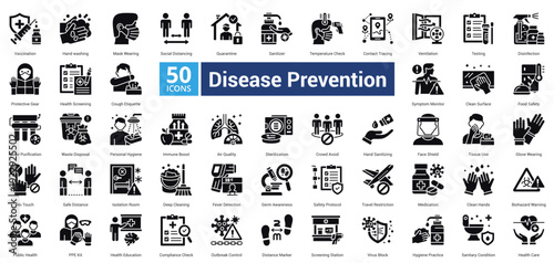 Disease Prevention icon set in glyph style contains 50 icons including clean surface, food safety, water purification, waste disposal, personal hygiene, immune boost and air quality icon
