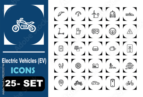 group of 25 outline Electric Vehicles (EV) icons. Line art icon collection. bundle of Electric Vehicles (EV) icons Vector illustration