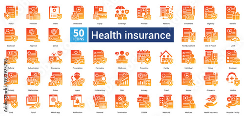 Health Insurance icon set in glyph gradient style contains 50 icons including wellness, preventive, family, individual, group, employer and subsidy icon
