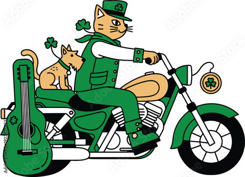St. patrick's day cat riding a green motorcycle with a dog and guitar celebrating irish heritage and luck design.