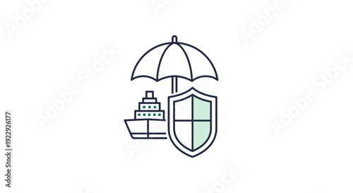 Maritime Insurance Icon with Ship Umbrella and Shield