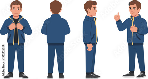 Casual bearded man character set with different poses and gestures, young male in sweater and jeans, full body flat vector illustration isolated background