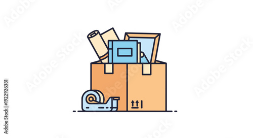 Cardboard Box Packed With Items And Tape Dispenser