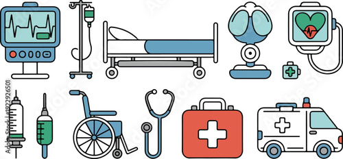Diagnostic medical monitor and hospital bed icons set with wheelchair stethoscope first aid kit and drip stand.