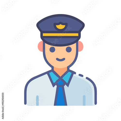Flat illustration of a police officer with a friendly expression and hat