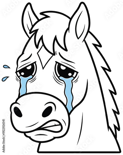 Funny exhausted crying horse; dramatic big tears, a tired emotional face; a kawaii illustration; and minimal flat design.