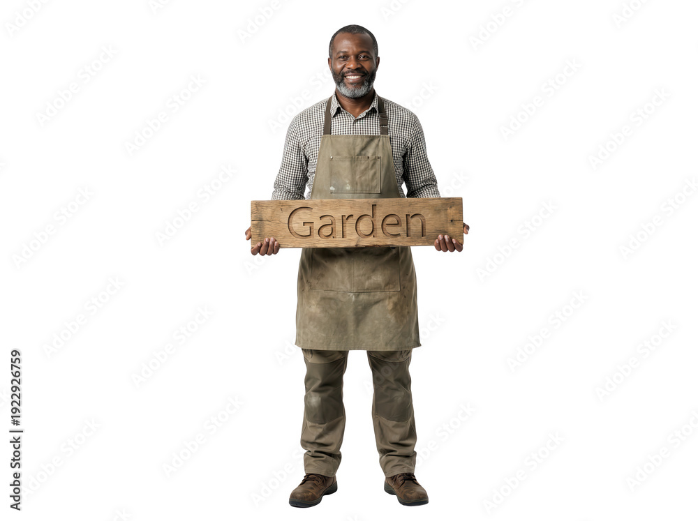 Obraz premium Smiling African American Man Holding Garden Sign