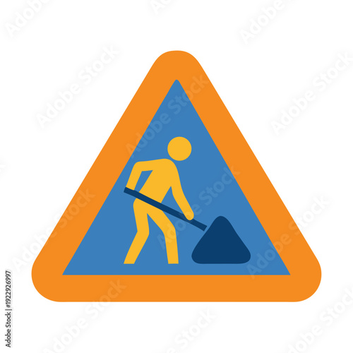 Road work ahead sign depicting construction worker digging within a triangular frame