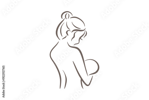 A simple line drawing of a woman with her hair in a bun holding a ball