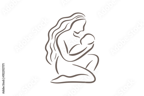 Line art illustration of a woman sitting and breastfeeding her baby in a simple style