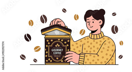 Woman opening gourmet coffee tin, coffee beans floating around, illustration