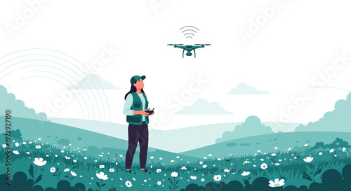 Woman operating drone in a natural landscape with wildflowers