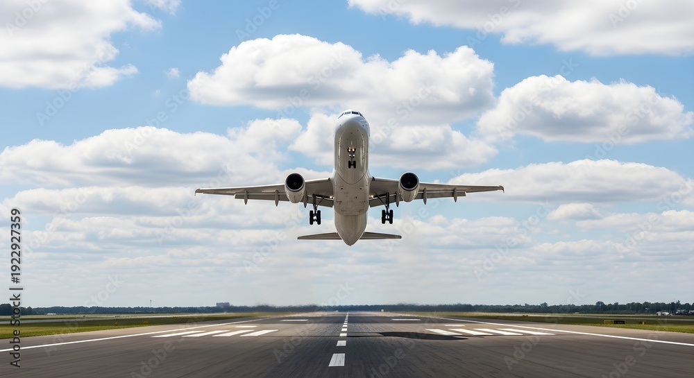 Obraz premium Passenger Airplane is Taking Off from the Airport Runway Under a Cloudy Sky