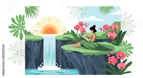 Woman peacefully drawing by a tropical waterfall at sunrise, surrounded by orchids.