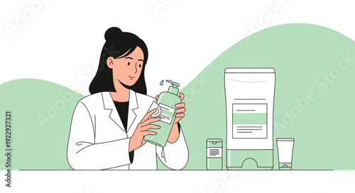 Woman Pharmacist Holding Skincare Bottle, Cosmetic Products Display