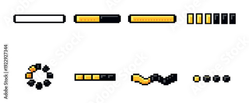 Pixel progress and loading indicators on gray gradient background