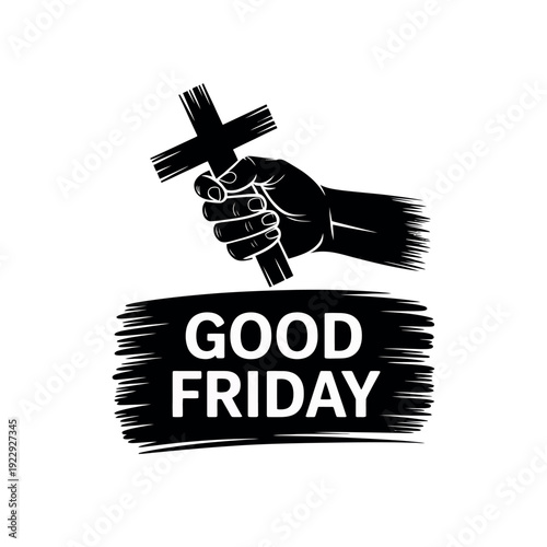 Arm tightly clutches a stark black Christian cross above bold Good Friday lettering.