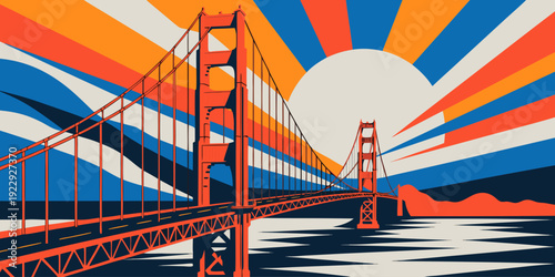 USA, US, U.S, United States - Sunset gradient Golden Gate SVG with geometric sun rays