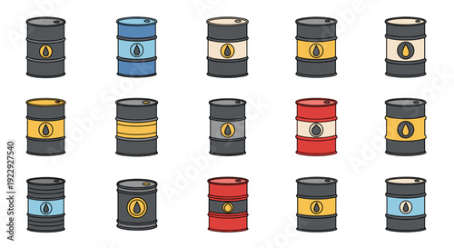 Collection Of Various Color Oil Barrels With Industry Symbols