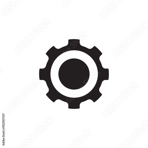 Solid black gear icon with a prominent white inner circle, ideal for web design, representing operational components, and industrial settings.