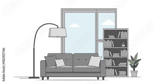 Modern Living Room Scene With Sofa Lamp and Bookshelf