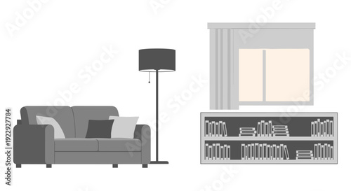 Modern Living Room Furniture and Window With Blinds