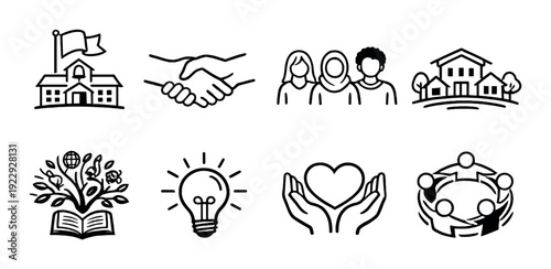 Community icons showing education collaboration and care on gray