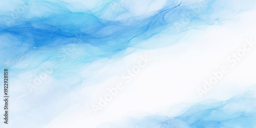 Abstract watercolor background of a beautiful clear blue sky with fluffy white clouds and bright sun light in a high atmosphere view