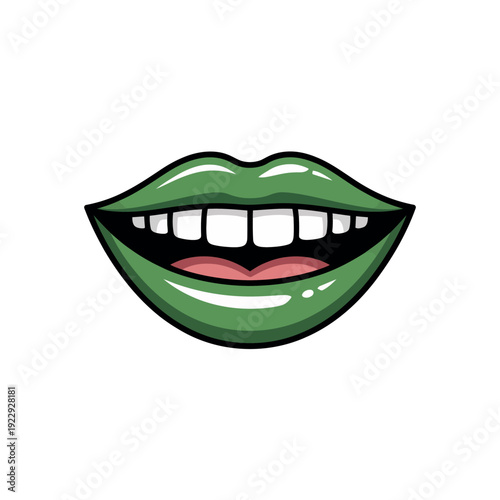 Cartoon depiction of parted lips showing a wide, bright smile with dark green lipstick.