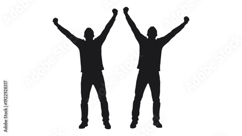 Two silhouetted figures raise their arms in a gesture of celebration or victory