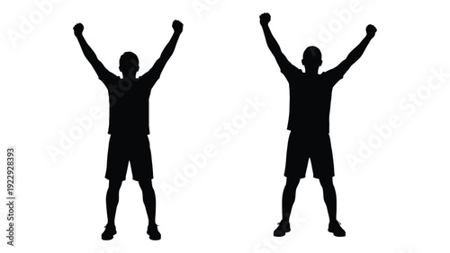 Two silhouetted figures with arms raised in a celebratory gesture