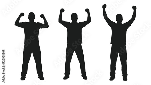 Three silhouetted figures with arms raised in a celebratory or energetic pose