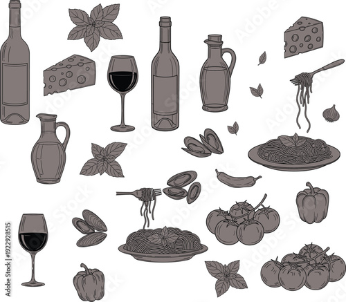 Italian cuisine food illustration with wine, pasta, cheese, olive oil, basil, mussels, tomatoes, peppers, rustic culinary artwork
