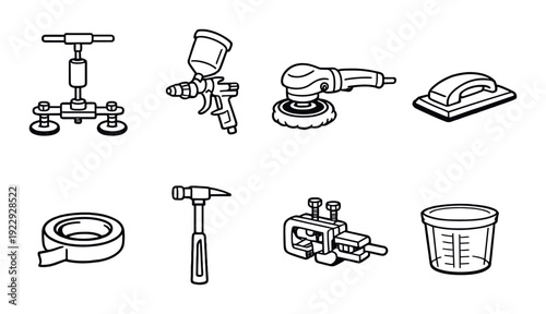 Hand and power tools arranged on gray gradient background