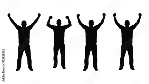 Four silhouetted figures with arms raised in a celebratory gesture