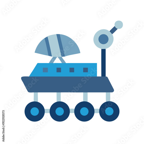 Flat vector illustration of a stylized lunar rover exploring the cosmos