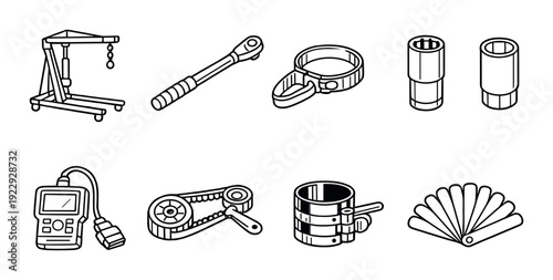 Automotive tool icons showing repair equipment on gray background