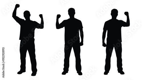 Silhouettes of three men with raised arms expressing victory or celebration