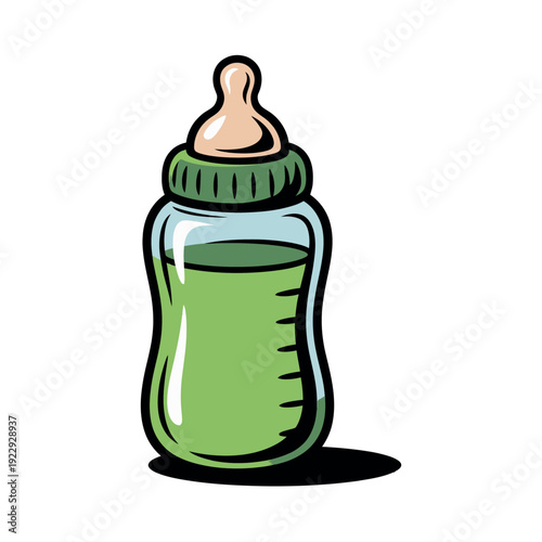 Plastic baby feeding bottle filled with green liquid stands upright against a clean white.