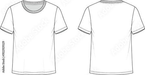 Classic crew neck t shirt technical fashion CAD drawing with front and back views cad drawing flat vector illustration
